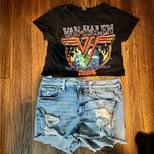 Van Halen crop top with cut off jean shorts
